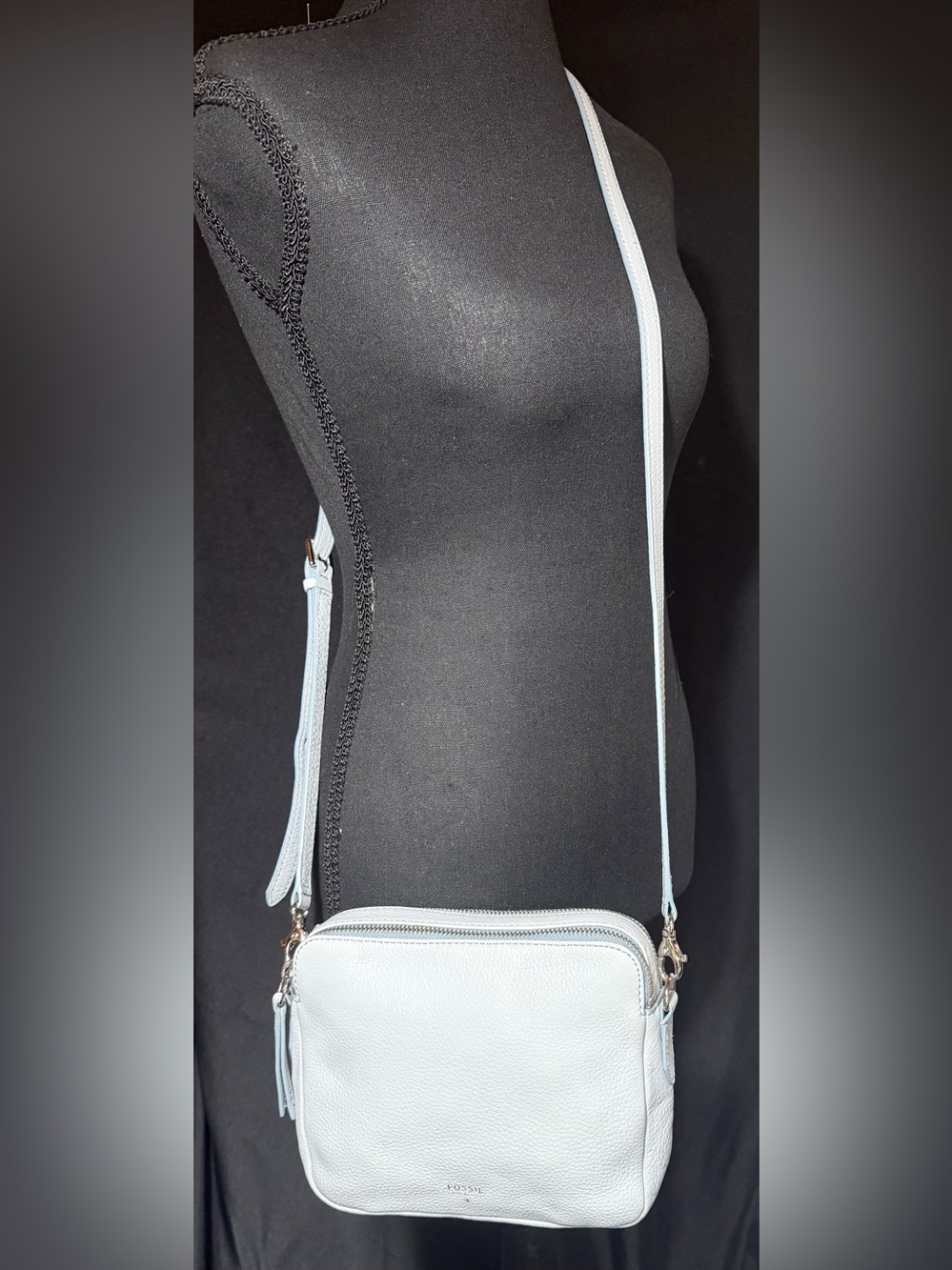 Fossil Sydney Blue Gray Pebbled Leather Crossbody Purse